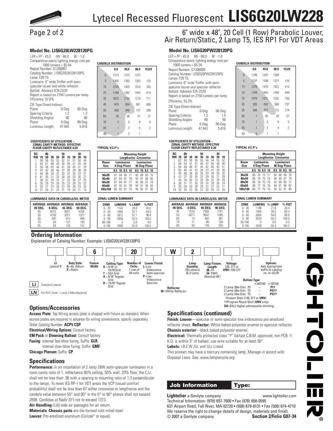 Lightolier LIS6G20LW228 dimensions Ordering Information, Options/Accessories, Specifications 