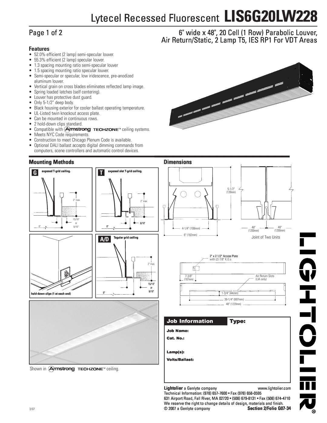 Lightolier dimensions Lytecel Recessed Fluorescent LIS6G20LW228, Page 1 of, Features, Mounting Methods, Dimensions 