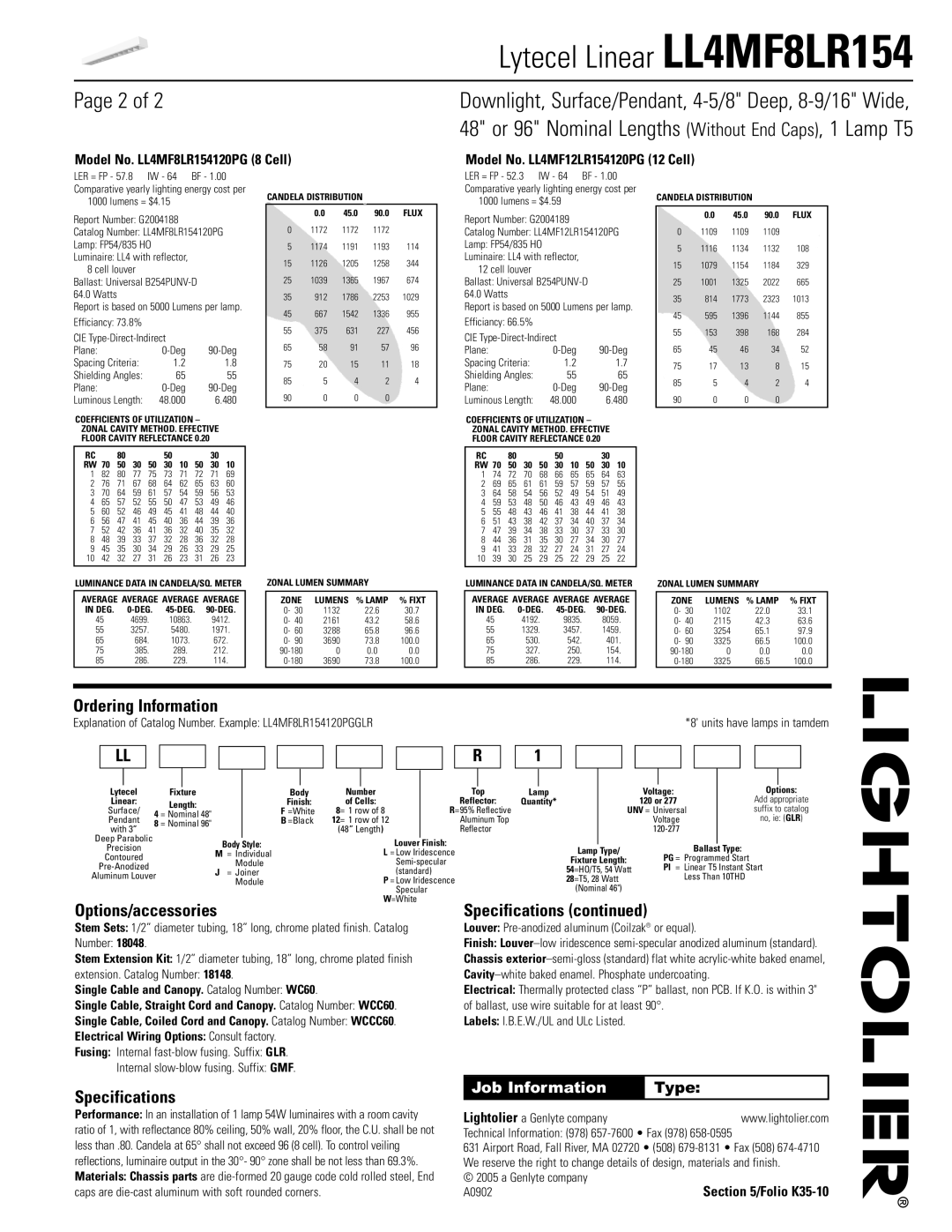 Lightolier Page 2 of, Ordering Information, Options/accessories, Specifications, Lytecel Linear LL4MF8LR154, Type 