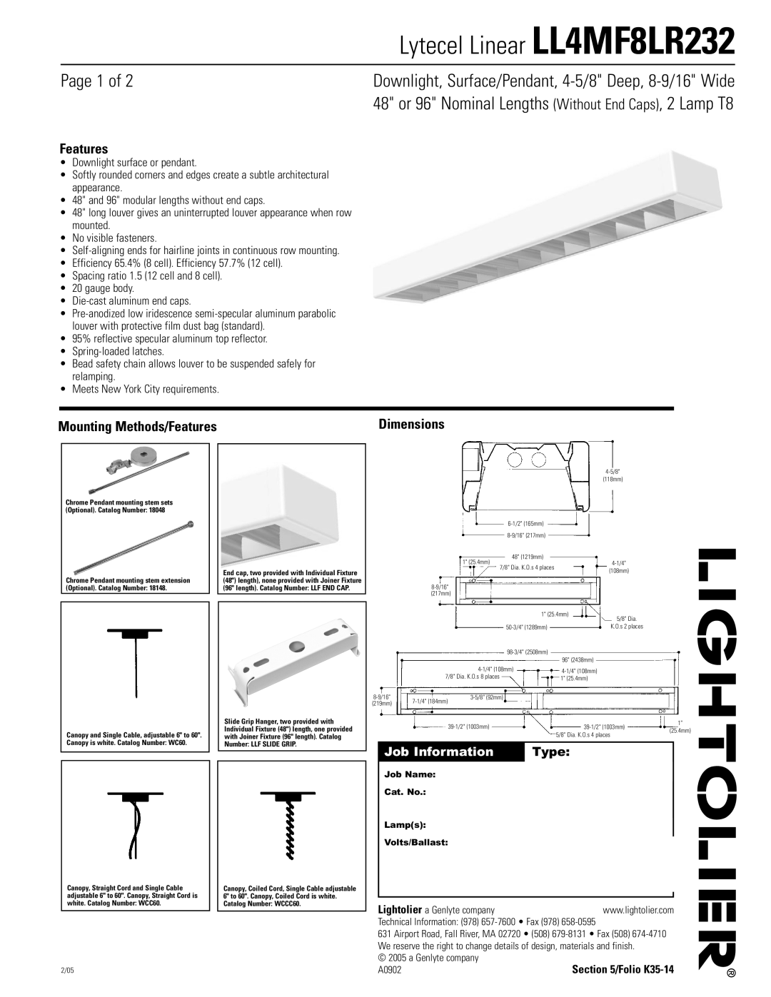 Lightolier LL4MF8LR232 dimensions Mounting Methods/Features, Slide Grip Hanger, two provided with 