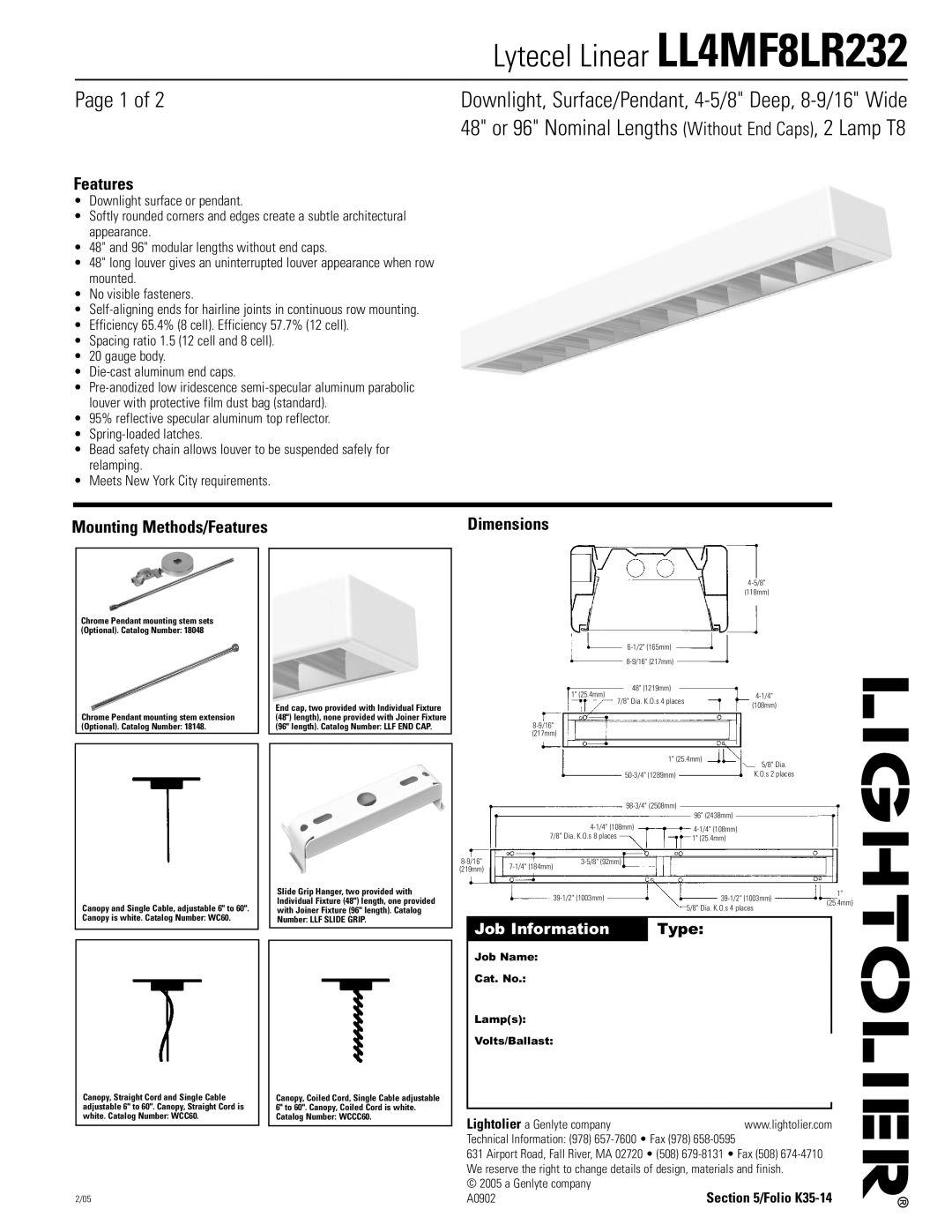 Lightolier dimensions Lytecel Linear LL4MF8LR232, Page 1 of, Mounting Methods/Features, Job Information, Type 