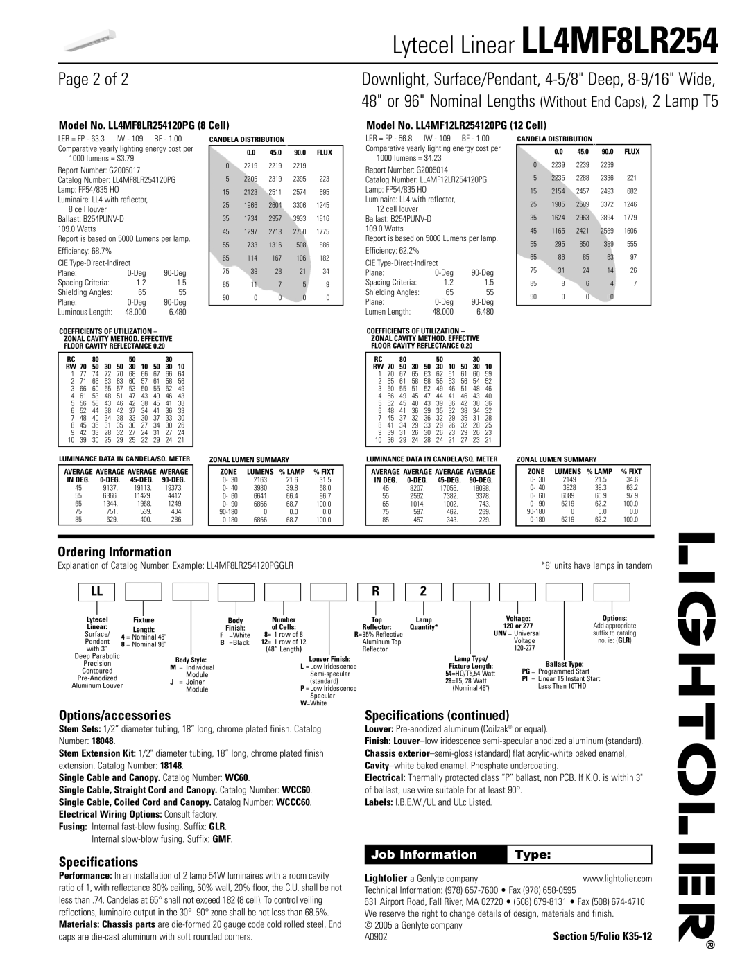 Lightolier dimensions Ordering Information, Options/accessories, Specifications, Model No. LL4MF8LR254120PG 8 Cell 