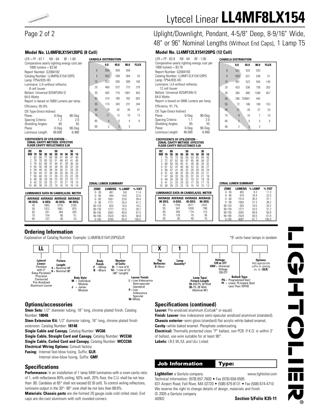 Lightolier LL4MF8LX154 Page 2 of, Ordering Information, Options/accessories, Specifications continued, Job Information 