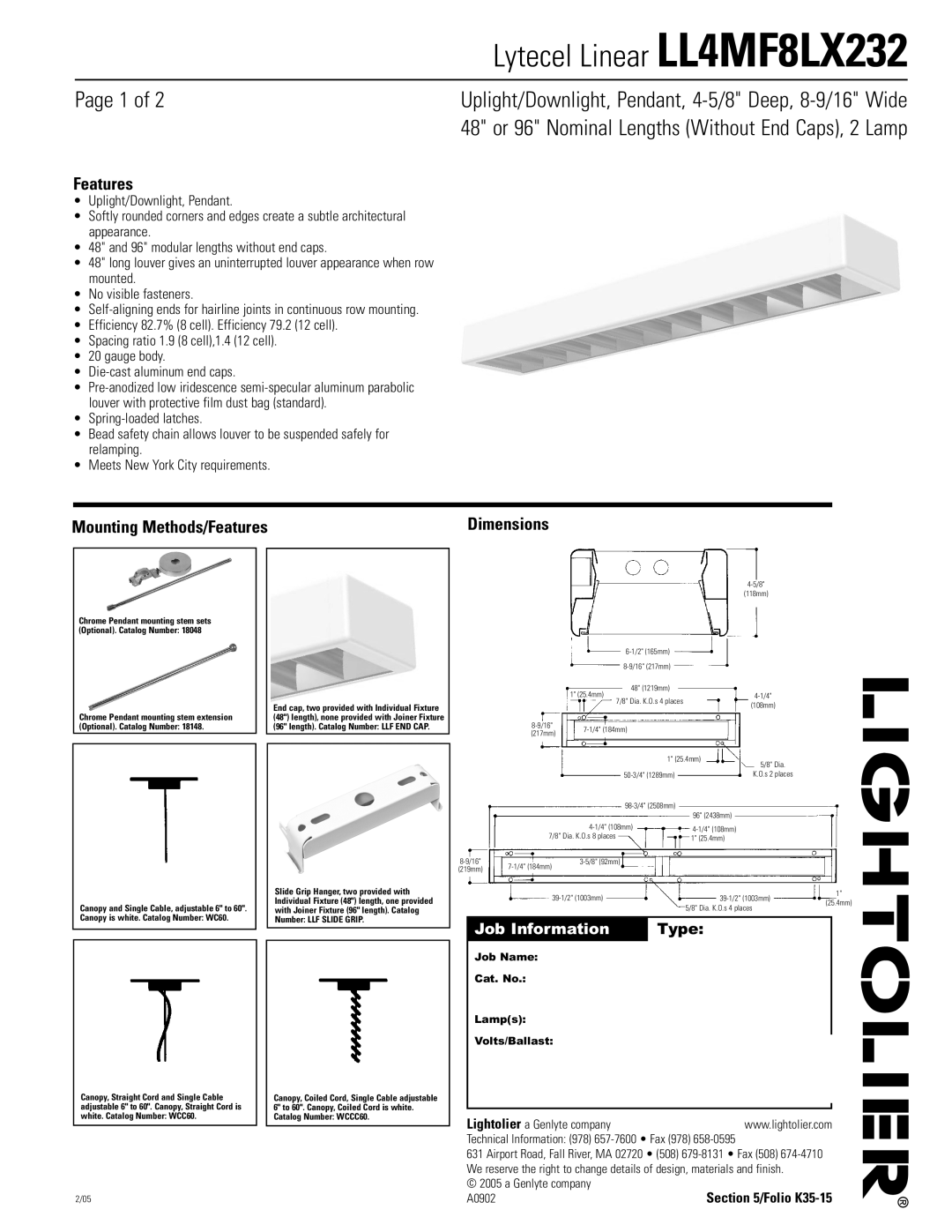 Lightolier dimensions Lytecel Linear LL4MF8LX232, Page 1 of, Uplight/Downlight, Pendant, 4-5/8Deep, 8-9/16Wide, Type 