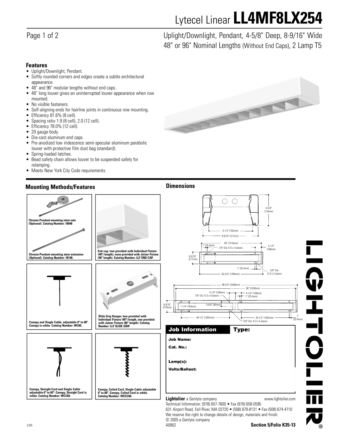 Lightolier dimensions Lytecel Linear LL4MF8LX254, Page 1 of, Mounting Methods/Features, Job Information, Type 