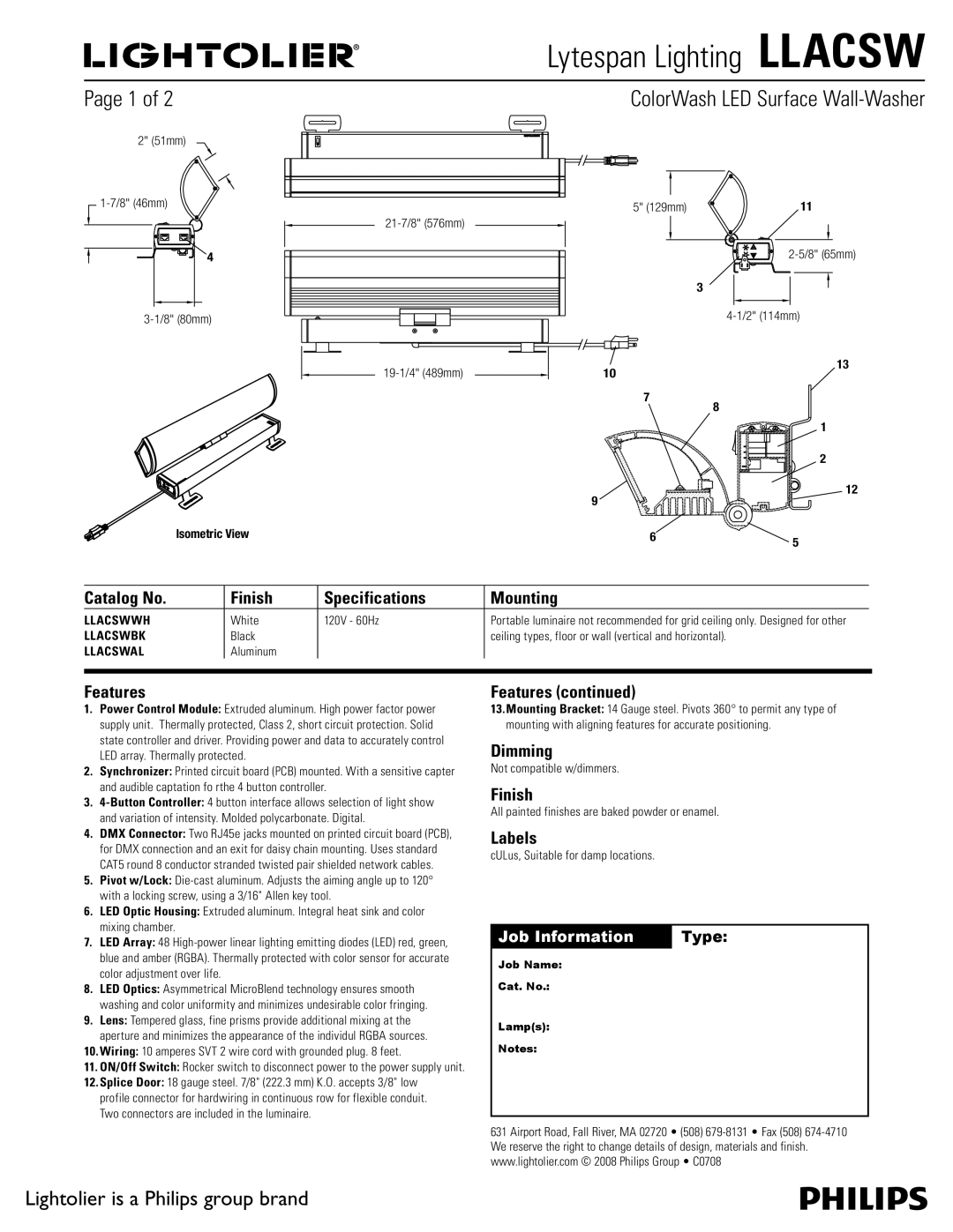 Lightolier LLACSW specifications Catalog No Finish Specifications Mounting, Features, Dimming, Labels 