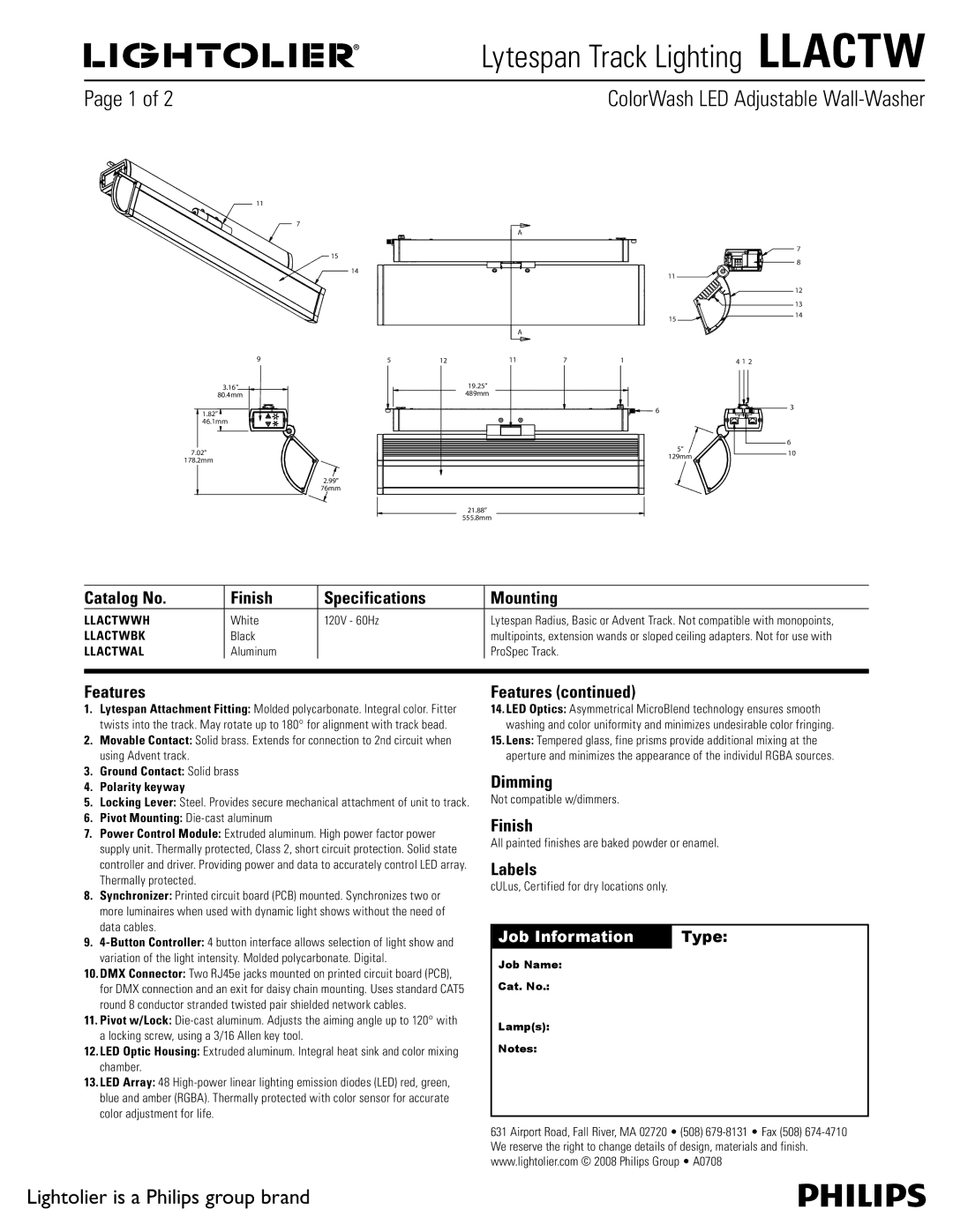 Lightolier LLACTW specifications Catalog No Finish Specifications Mounting, Features, Dimming, Labels 