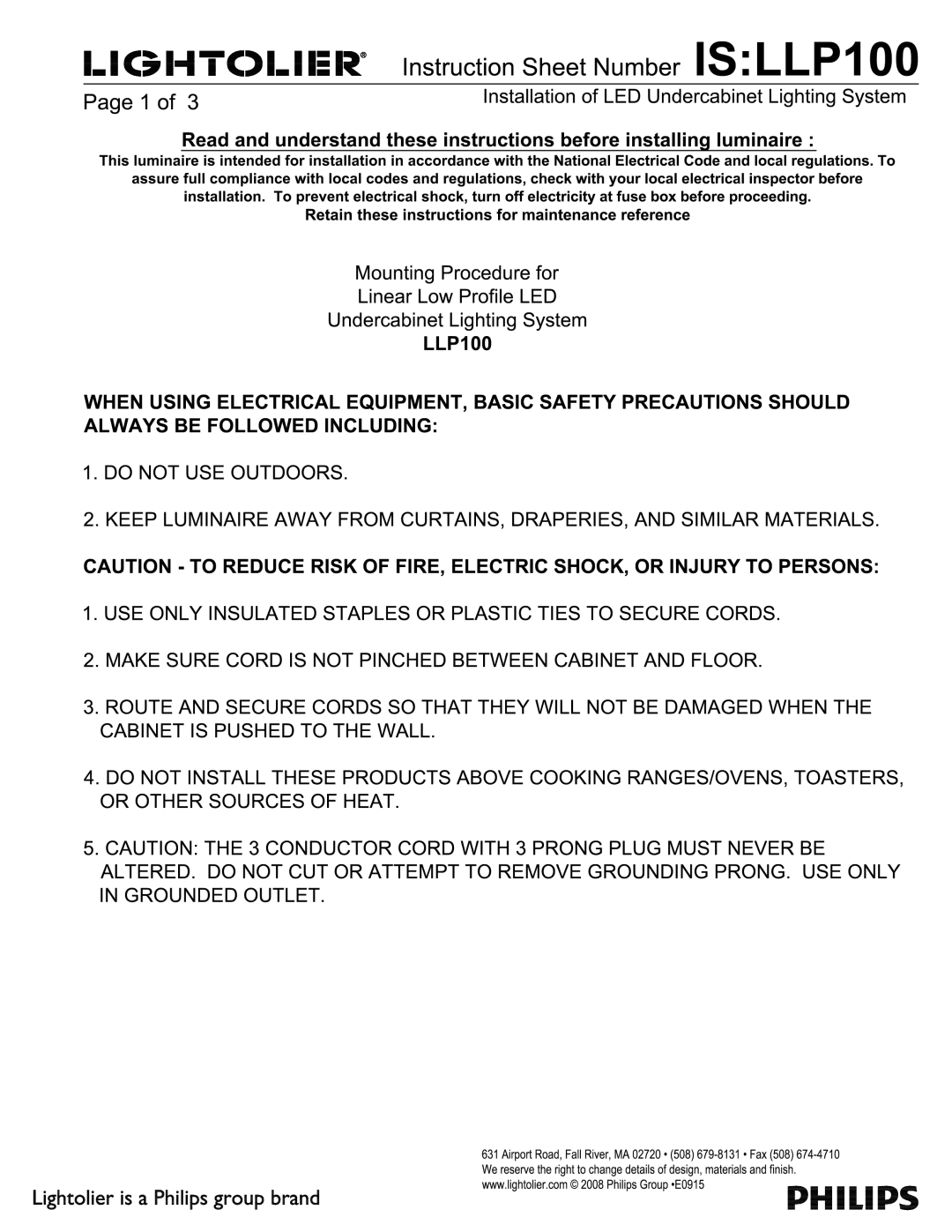 Lightolier LLP100 manual 