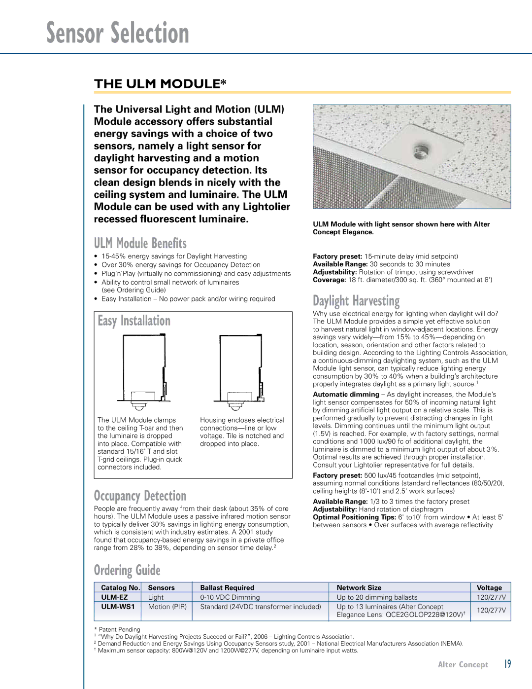 Lightolier LOL99930 manual Sensor Selection 