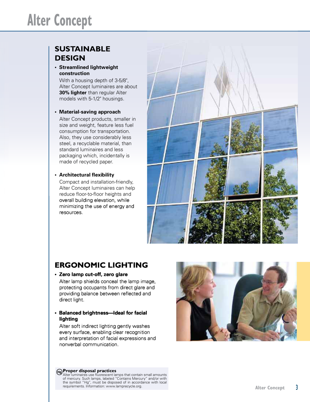 Lightolier LOL99930 manual Sustainable Design, Ergonomic Lighting, Alter Concept, ss-ATERIAL SAVINGLAPPROACH 