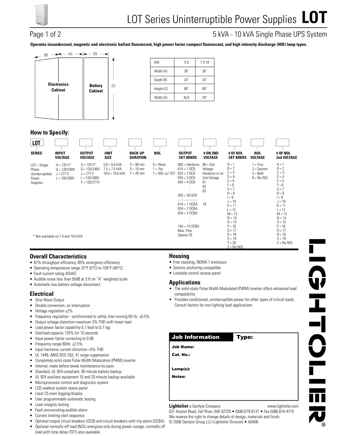 Lightolier LOT Series manual Page 1 of, kVA - 10 kVA Single Phase UPS System, How to Specify LOT, Overall Characteristics 
