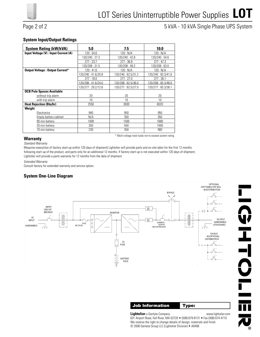 Lightolier LOT Series Page 2 of, Warranty, System One-Line Diagram, OCB Pole Spaces Available, Heat Rejection Btu/hr, Type 