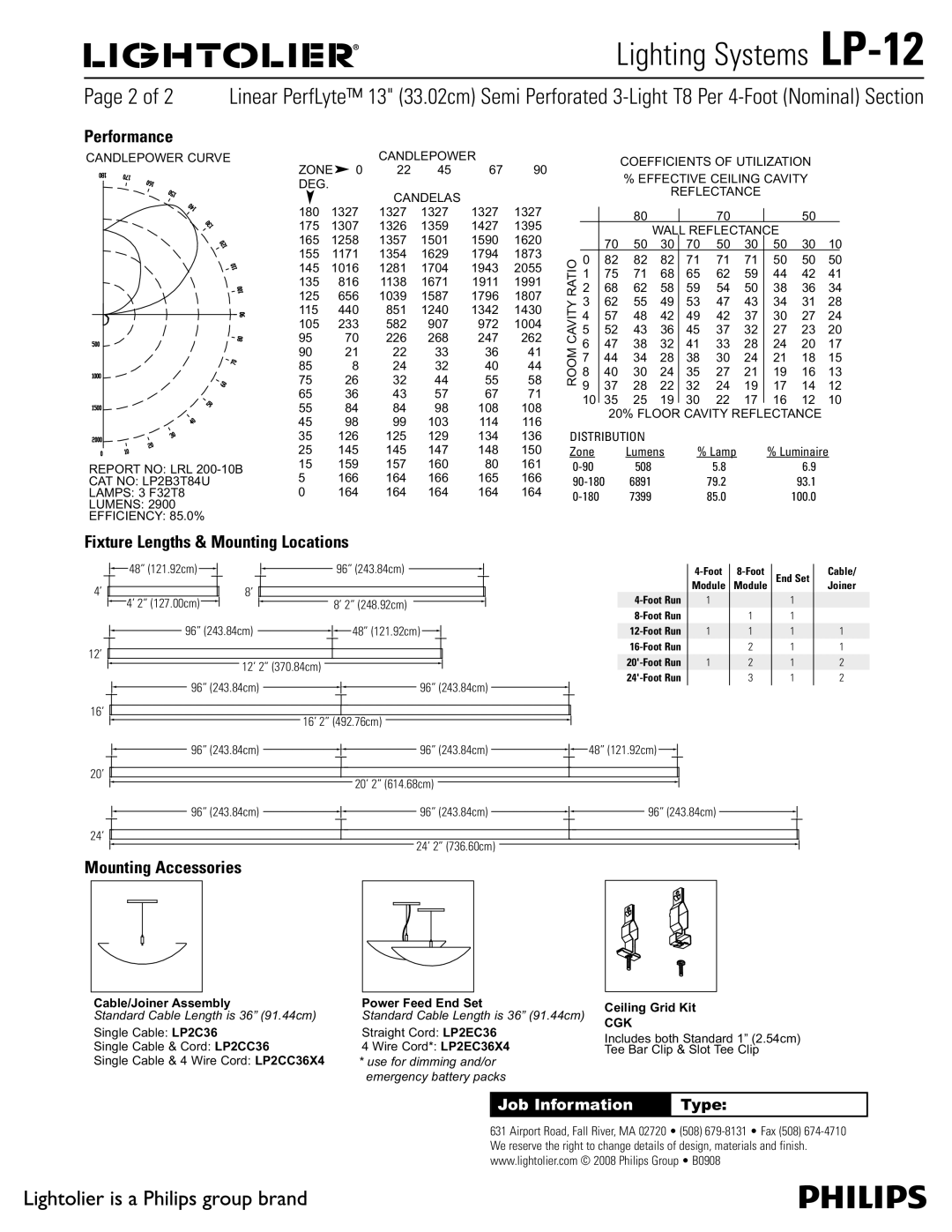 Lightolier LP-12 manual Performance, Fixture Lengths & Mounting Locations, Mounting Accessories 