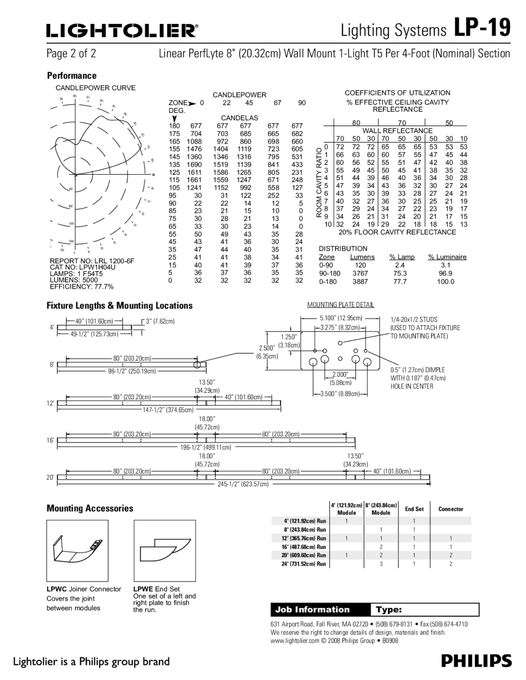 Lightolier LP-19 1BHFPG, Performance, Fixture Lengths & Mounting Locations, Mounting Accessories, Job Information 