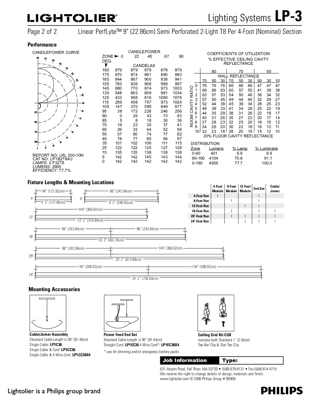 Lightolier LP-3 manual Performance, Fixture Lengths & Mounting Locations, Mounting Accessories, Cable/Joiner Assembly 