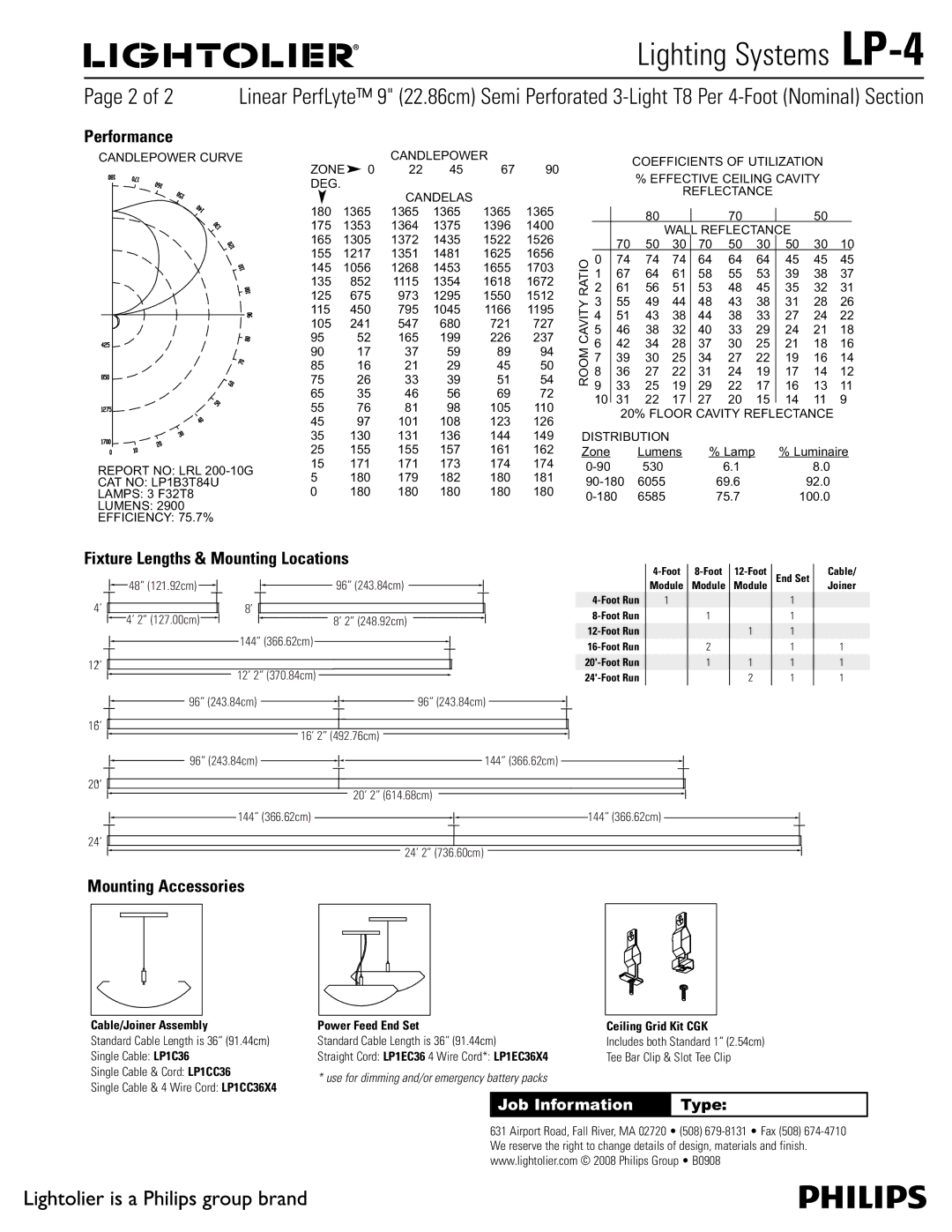 Lightolier LP-4 manual Performance, Fixture Lengths & Mounting Locations, Mounting Accessories, Cable/Joiner Assembly 