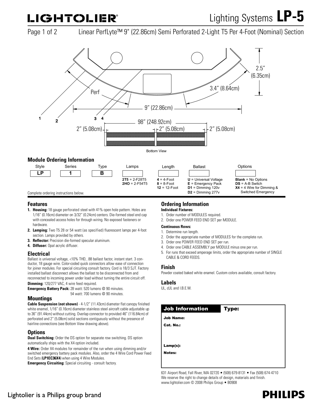 Lightolier LP-5 manual Features, Electrical, Mountings, Options, Ordering Information, Finish, Labels 