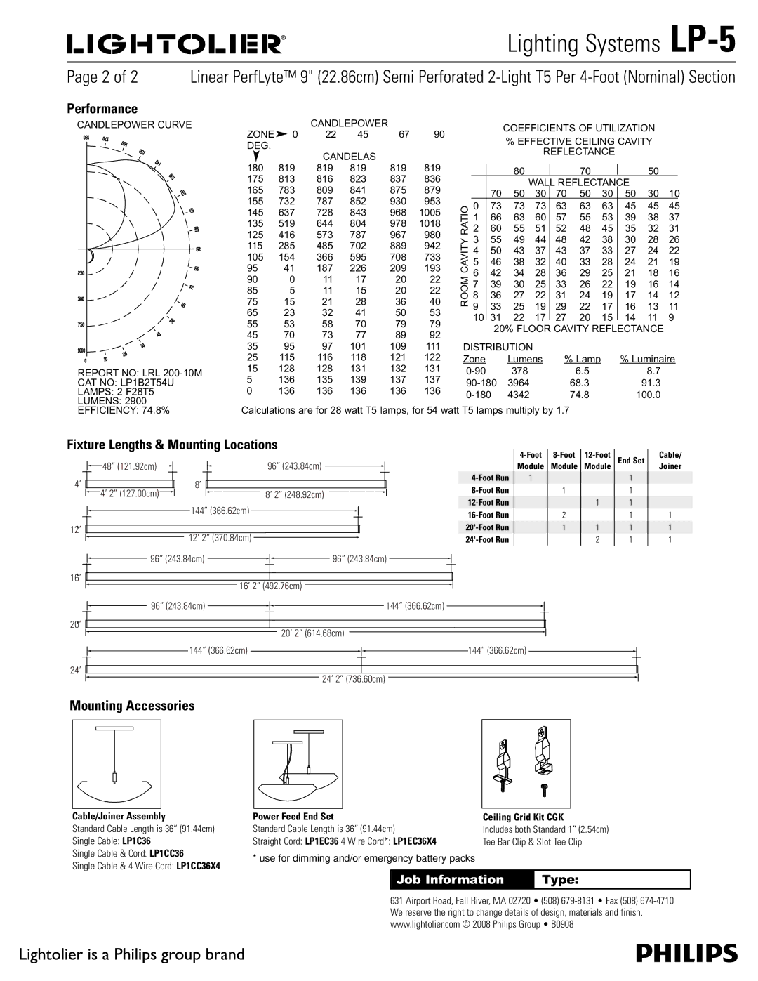 Lightolier LP-5 manual Performance, Fixture Lengths & Mounting Locations, Mounting Accessories, Cable/Joiner Assembly 