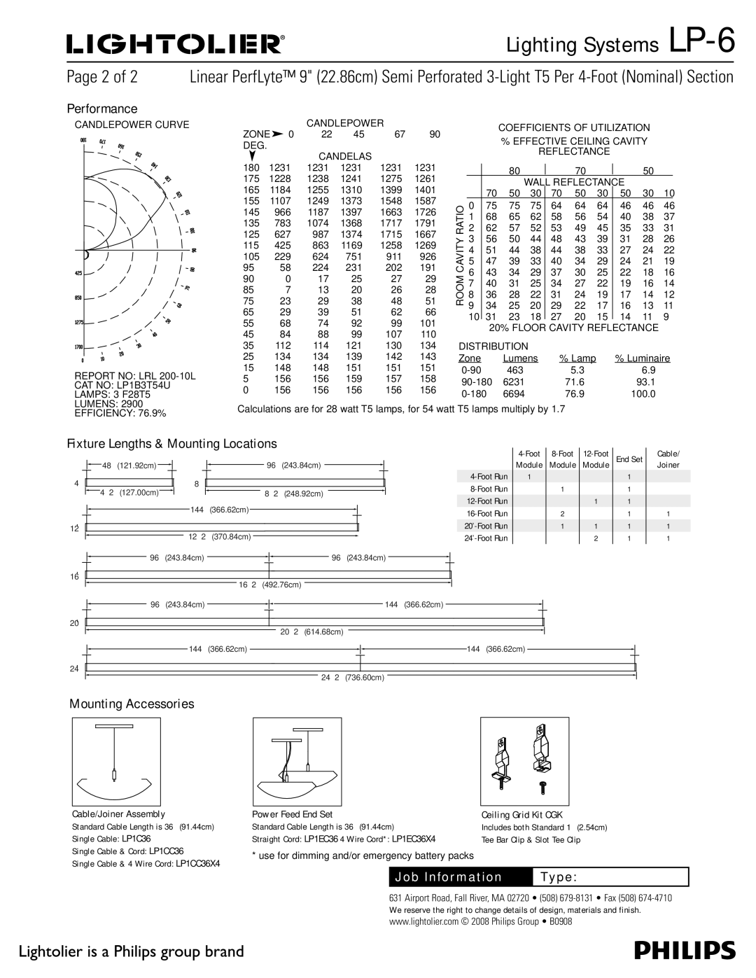 Lightolier LP-6 manual Performance, Fixture Lengths & Mounting Locations, Mounting Accessories, Cable/Joiner Assembly 