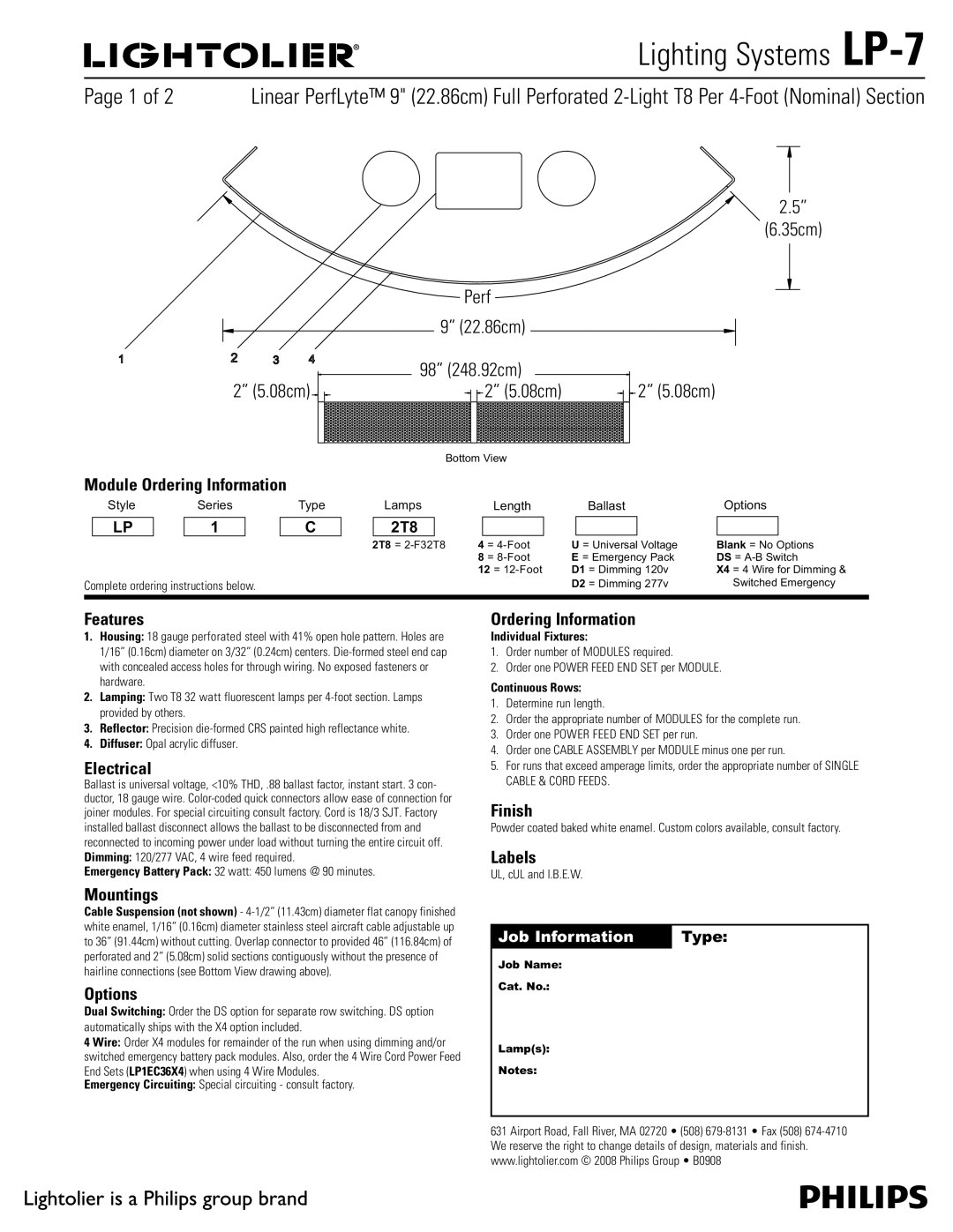 Lightolier LP-7 manual Features, Electrical, Mountings, Options, Ordering Information, Finish, Labels 