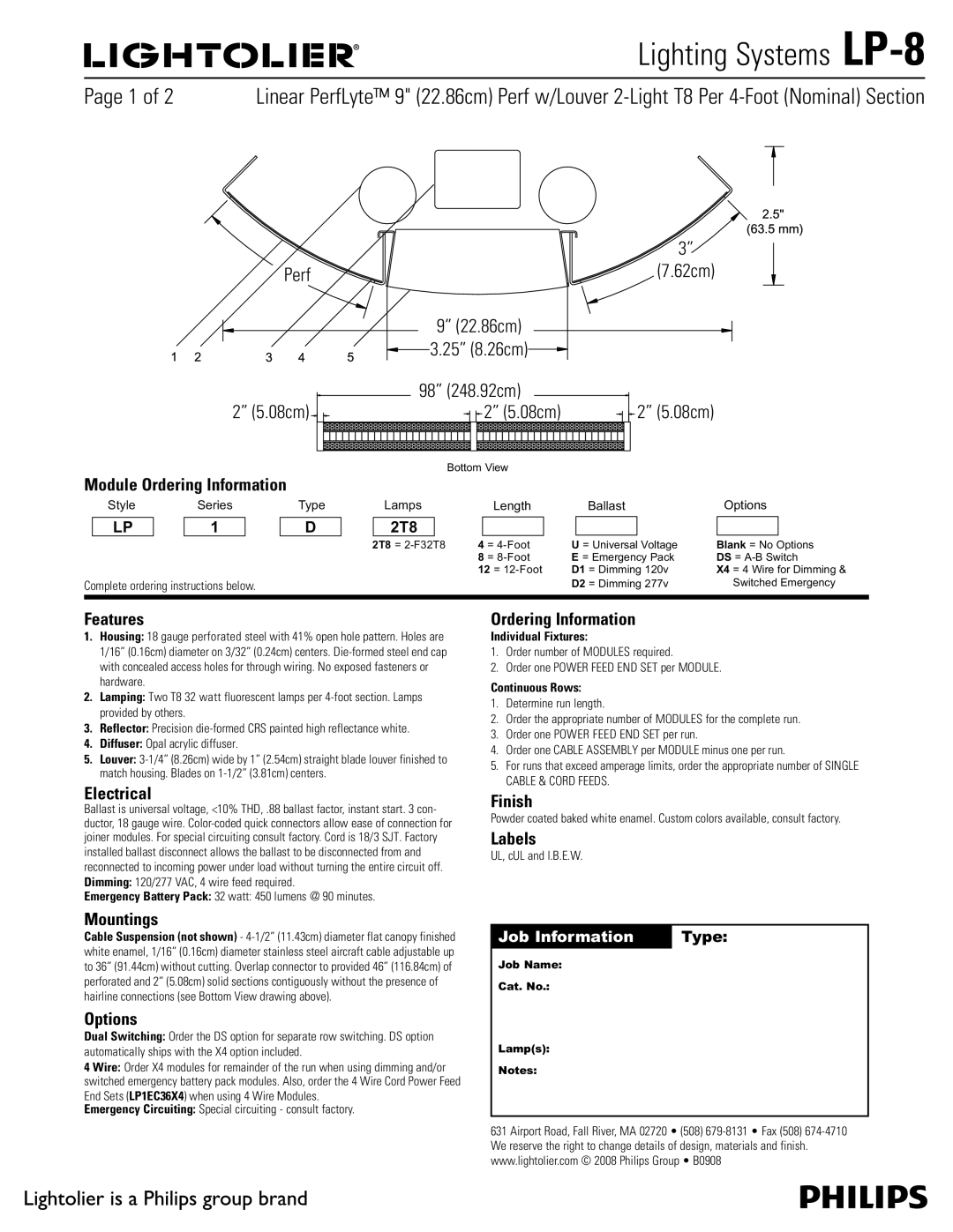 Lightolier LP-8 manual Features, Electrical, Mountings, Options, Ordering Information, Finish, Labels 