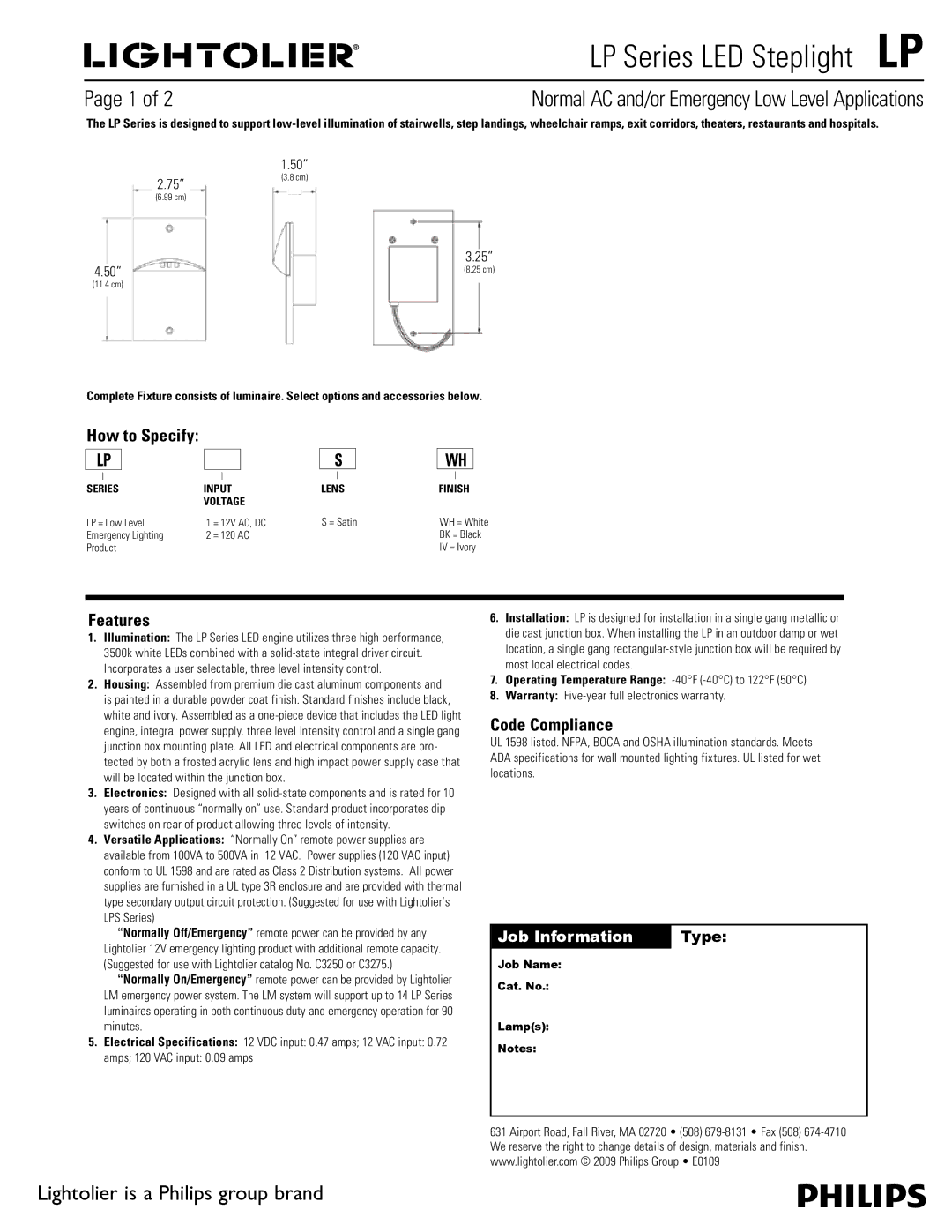 Lightolier LP Series specifications How to Specify, Features, Code Compliance 