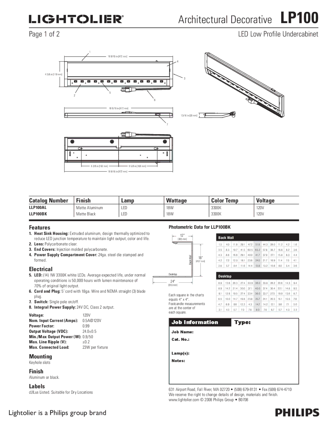 Lightolier manual Architectural Decorative LP100, LED Low Profile Undercabinet 