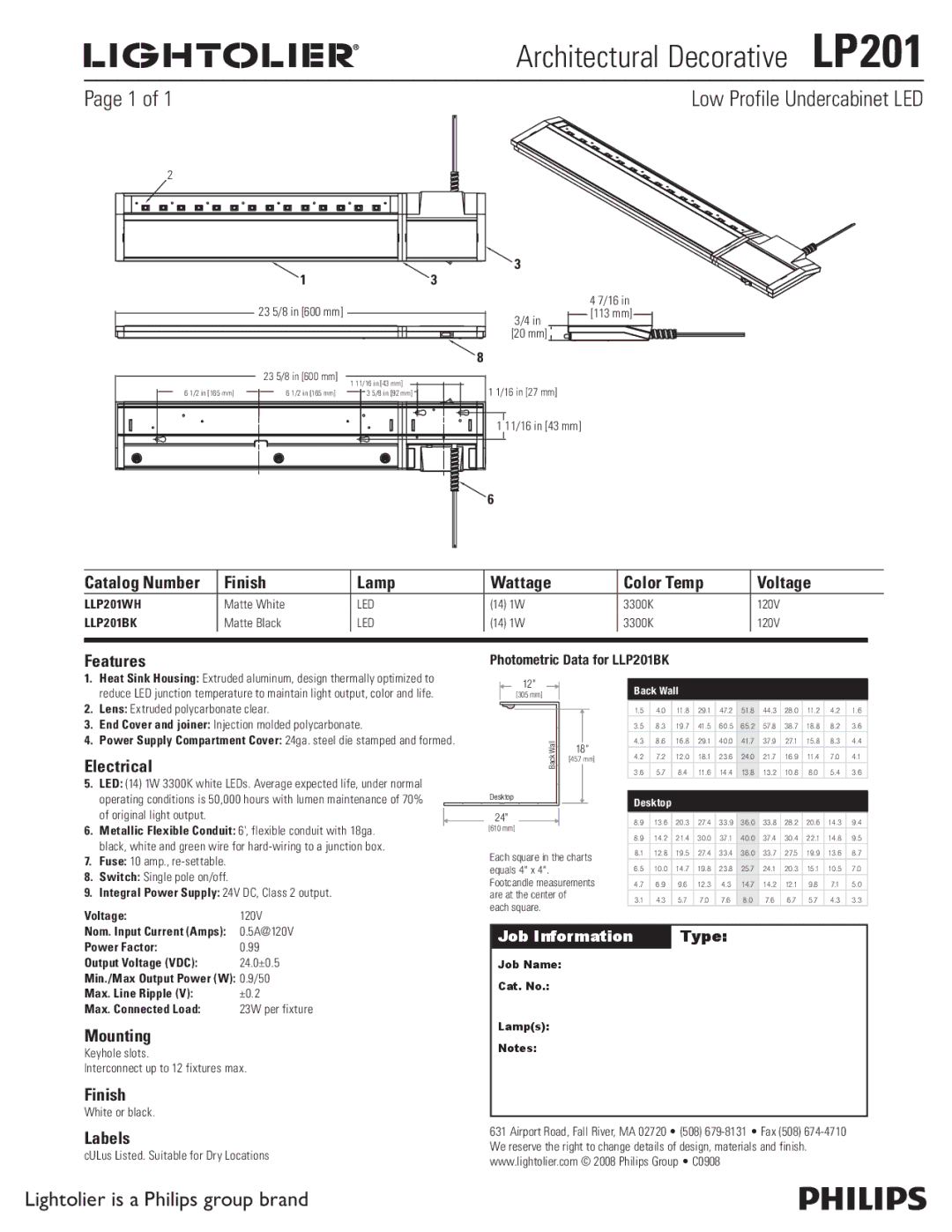 Lightolier manual Architectural Decorative LP201, Low Profile Undercabinet LED 