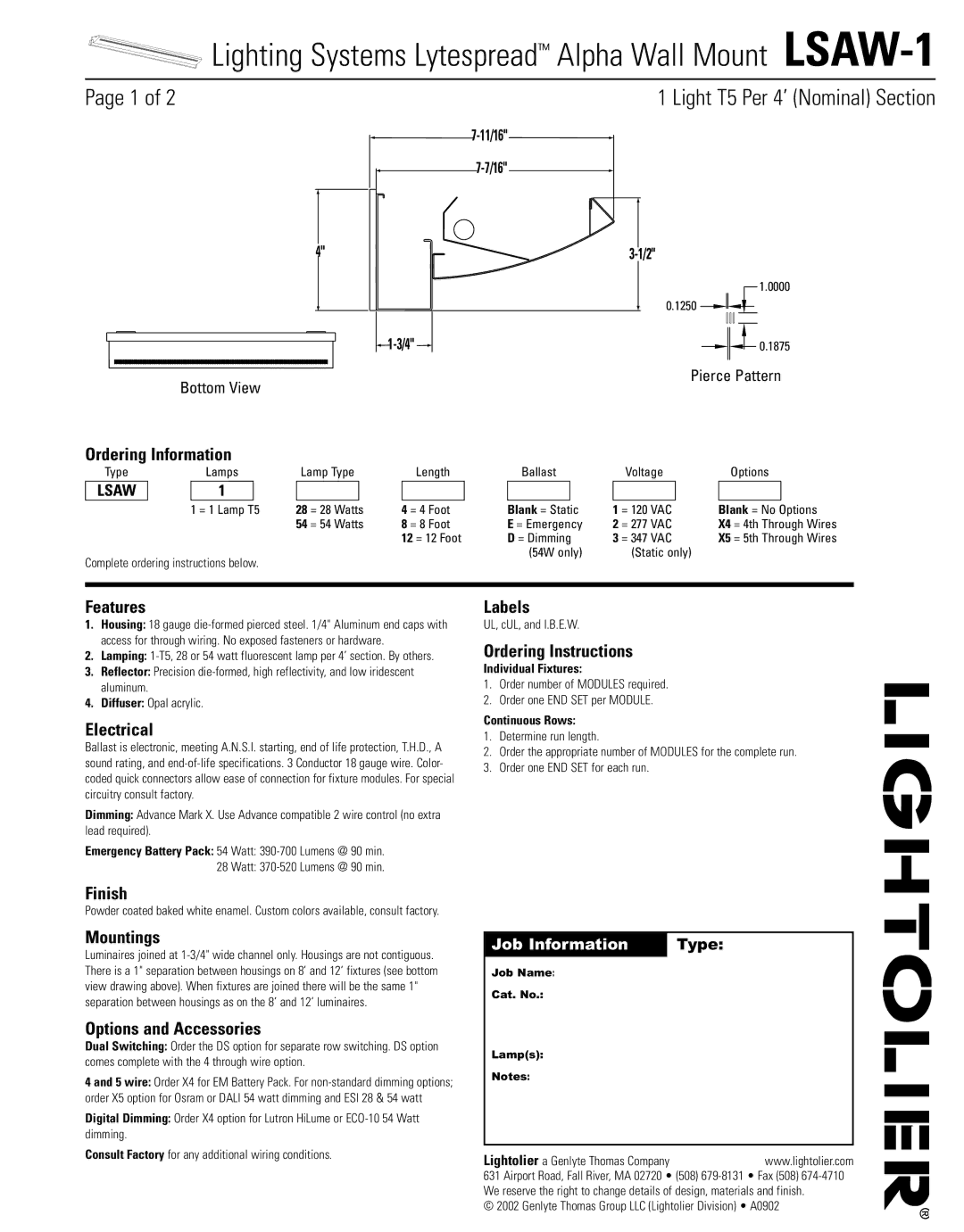 Lightolier LSAW-1 specifications Ordering Information, Features, Electrical, Finish, Mountings, Options and Accessories 