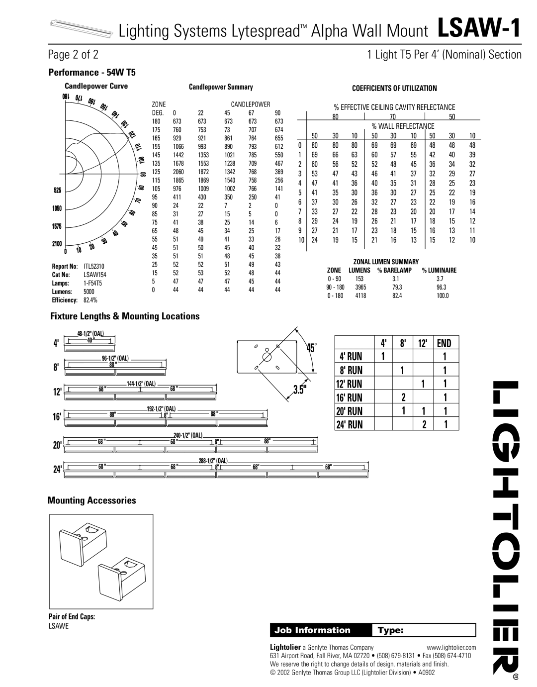 Lightolier LSAW-1 specifications Performance 54W T5, Fixture Lengths & Mounting Locations, Mounting Accessories 