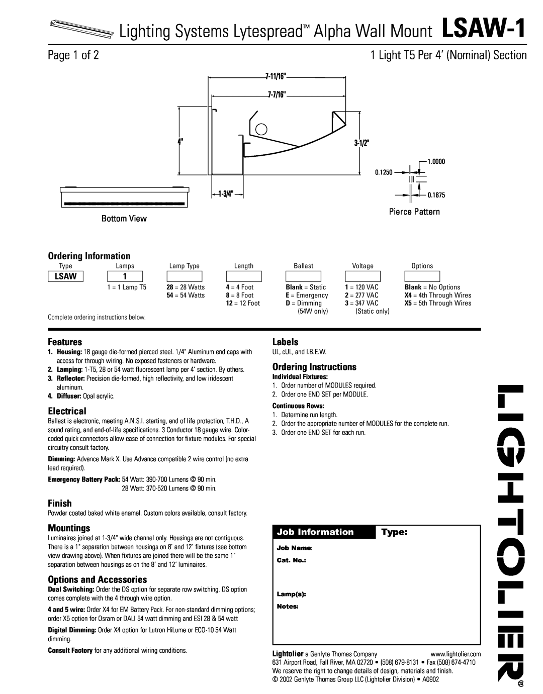 Lightolier LSAW-1 specifications Page 1 of, Light T5 Per 4’ Nominal Section, Ordering Information, Features, Electrical 
