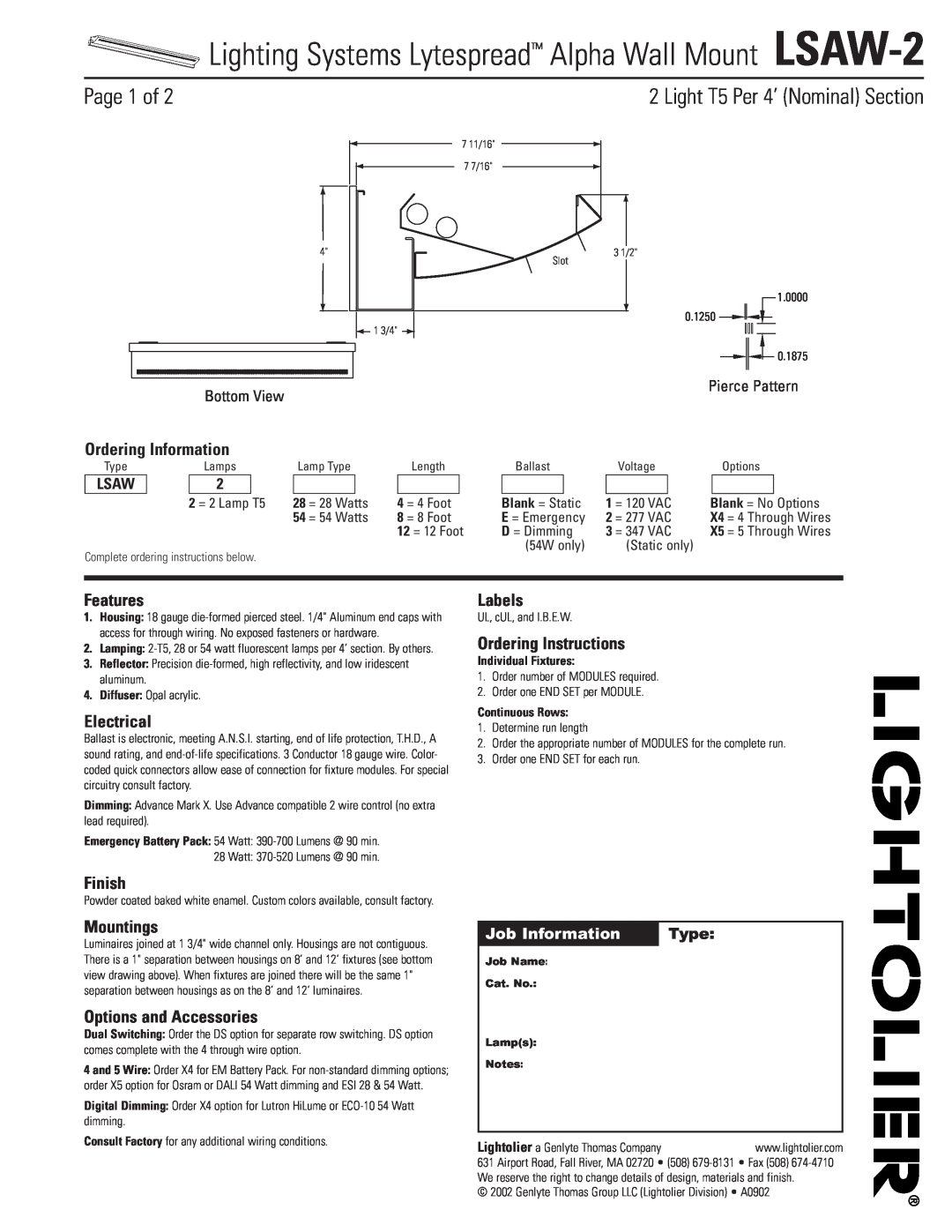 Lightolier specifications Lighting Systems Lytespread Alpha Wall Mount LSAW-2, Page 1 of, Ordering Information, Finish 
