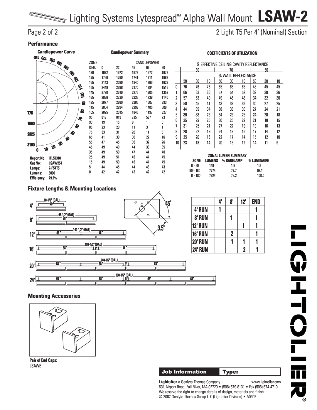 Lightolier LSAW-2 Page 2 of, Performance, Fixture Lengths & Mounting Locations, Mounting Accessories, 4 RUN, 8 RUN, Type 