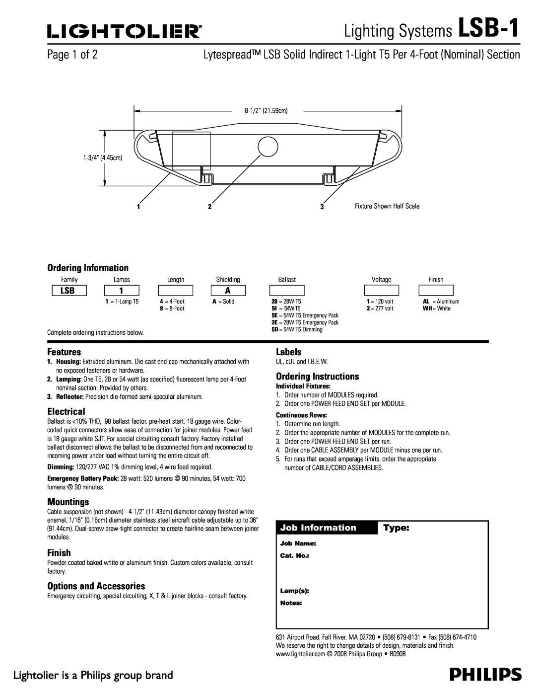Lightolier LSB-1 manual 1BHFPG, Ordering Information, Features, Electrical, Mountings, Finish, Labels, Type 