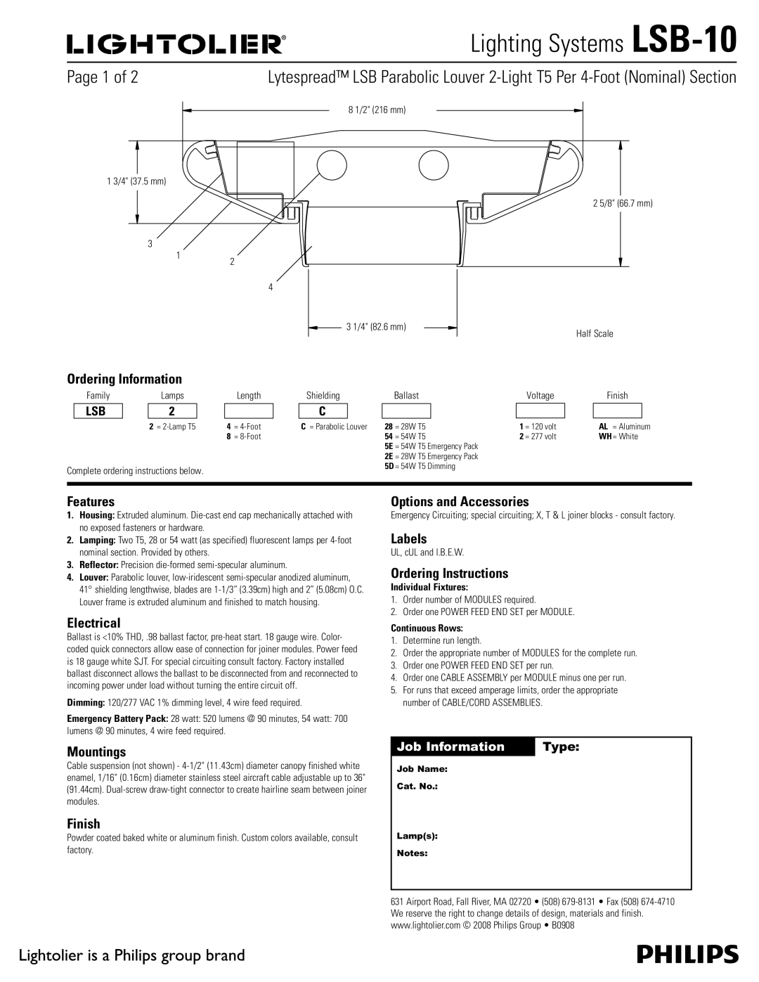 Lightolier LSB-10 manual Ordering Information, Features, Electrical, Mountings, Finish, Options and Accessories, Labels 