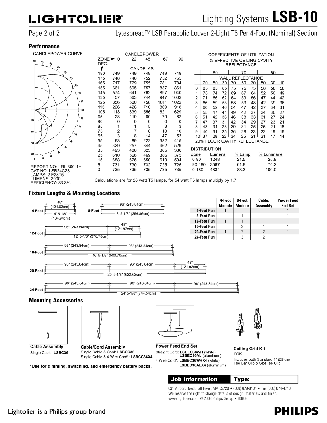 Lightolier LSB-10 manual Performance, Fixture Lengths & Mounting Locations, Mounting Accessories 