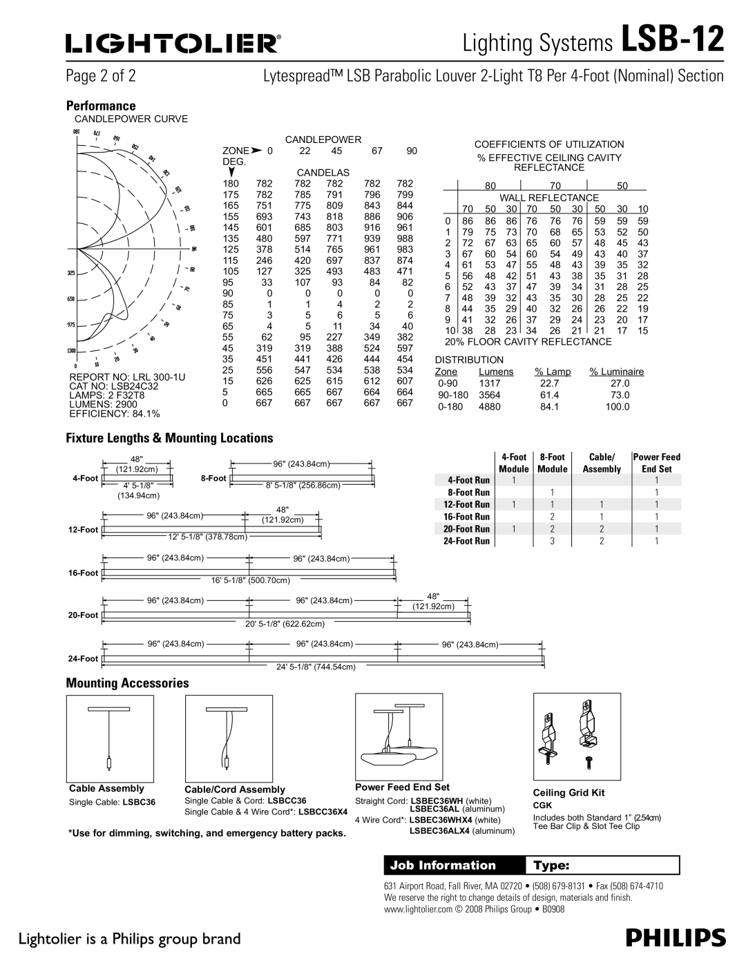 Lightolier LSB-12 manual 1BHFPG, Performance, Fixture Lengths & Mounting Locations, Mounting Accessories 