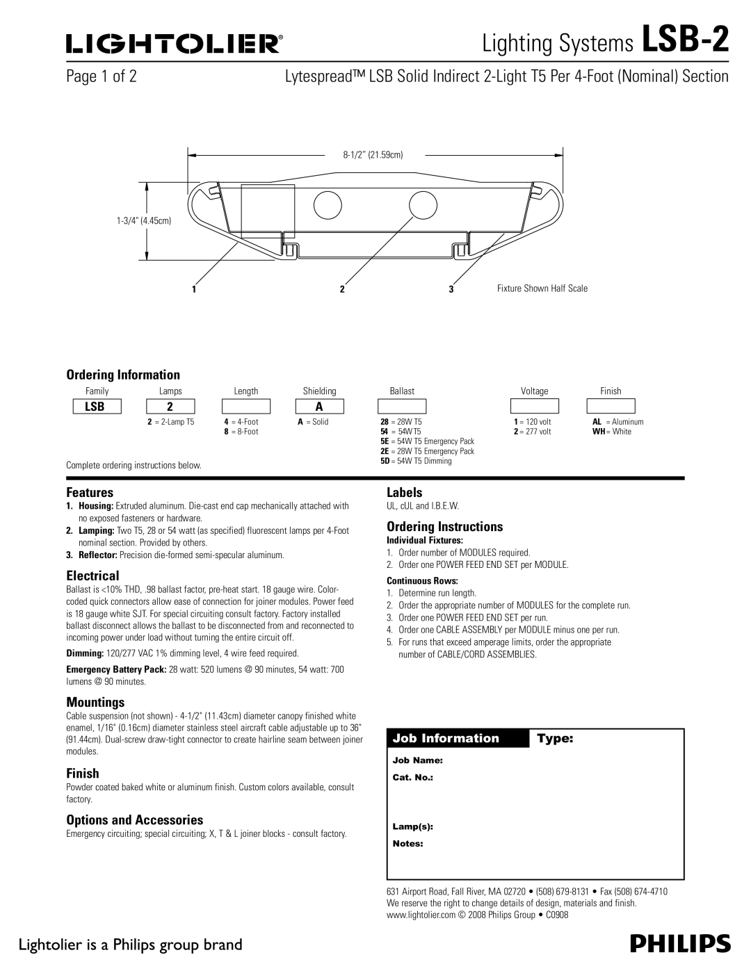 Lightolier LSB-2 manual Ordering Information, Features, Electrical, Mountings, Finish, Options and Accessories, Labels 