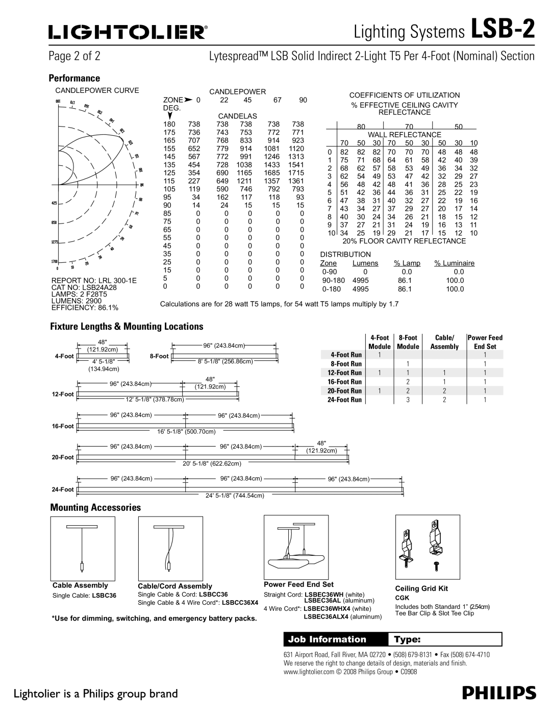 Lightolier LSB-2 manual Performance, Fixture Lengths & Mounting Locations, Mounting Accessories 