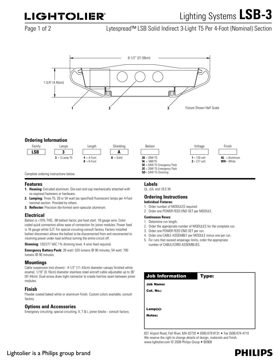 Lightolier LSB-3 manual Ordering Information, Features, Electrical, Mountings, Finish, Options and Accessories, Labels 