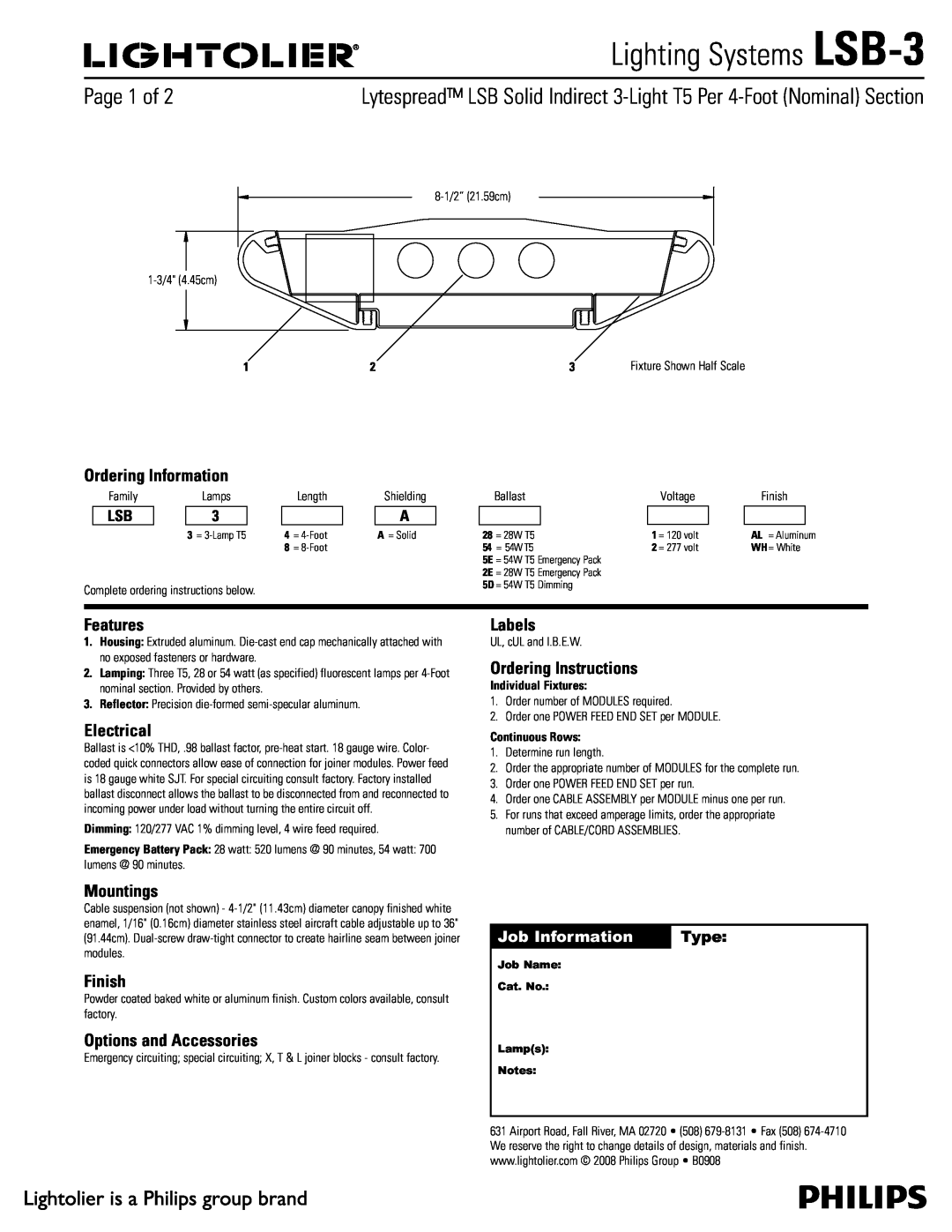Lightolier LSB-3 manual Ordering Information, Features, Electrical, Mountings, Finish, Options and Accessories, Labels 