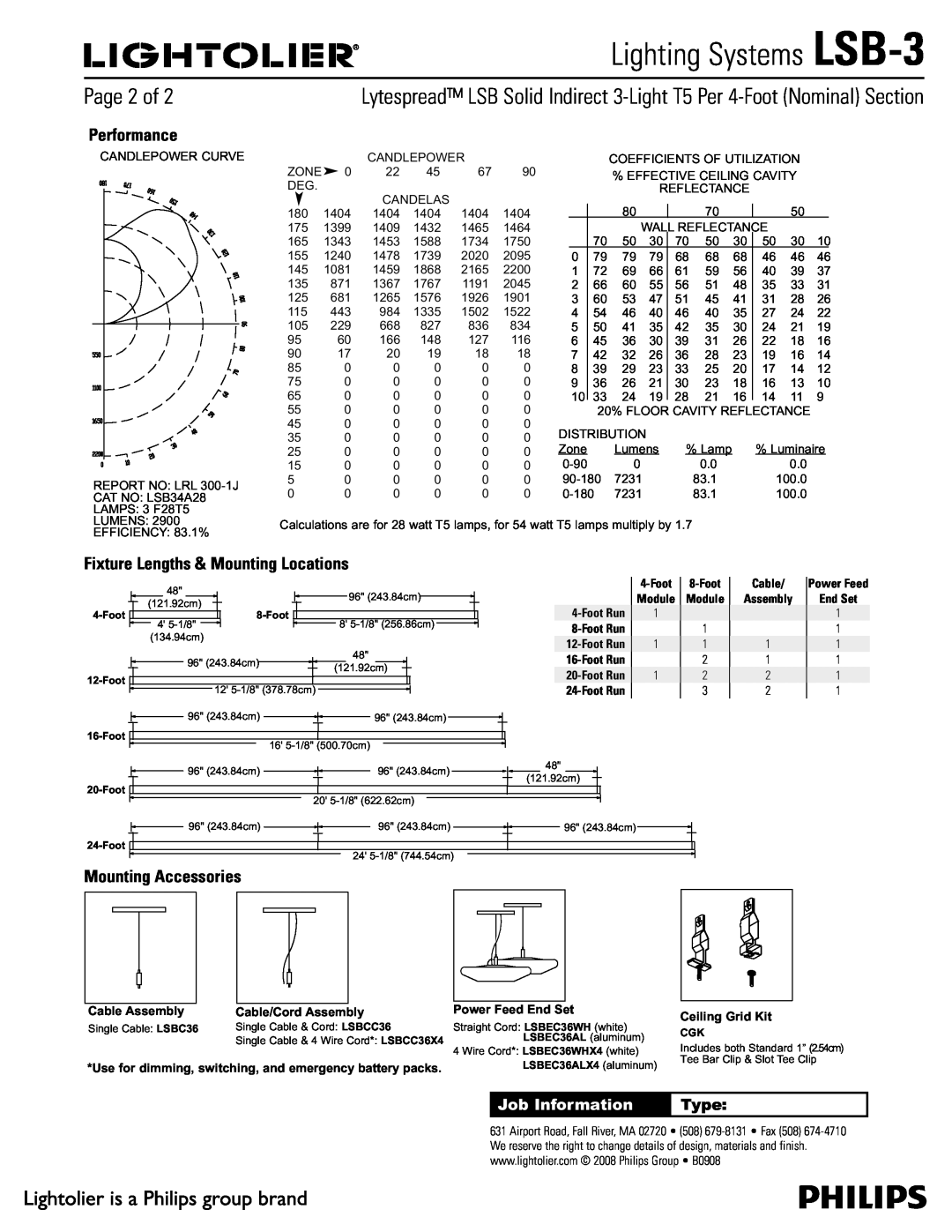 Lightolier manual Fixture Lengths & Mounting Locations, Mounting Accessories, Performance, Lighting Systems LSB-3, Type 