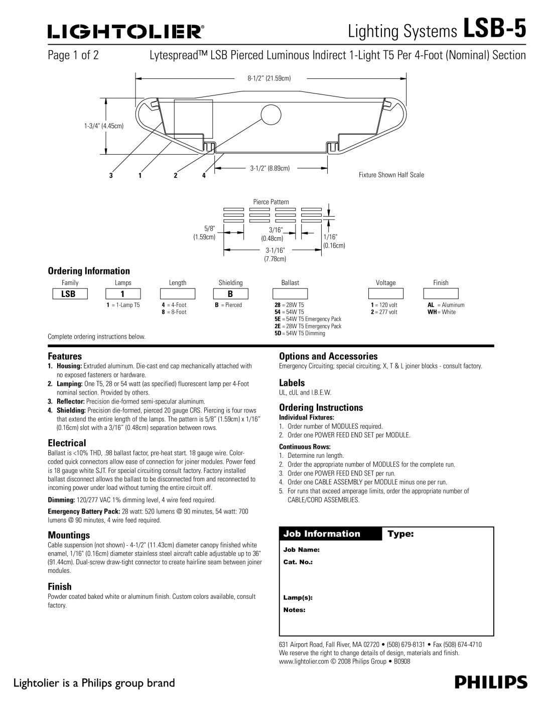 Lightolier LSB-5 manual Ordering Information, Features, Electrical, Mountings, Finish, Options and Accessories, Labels 