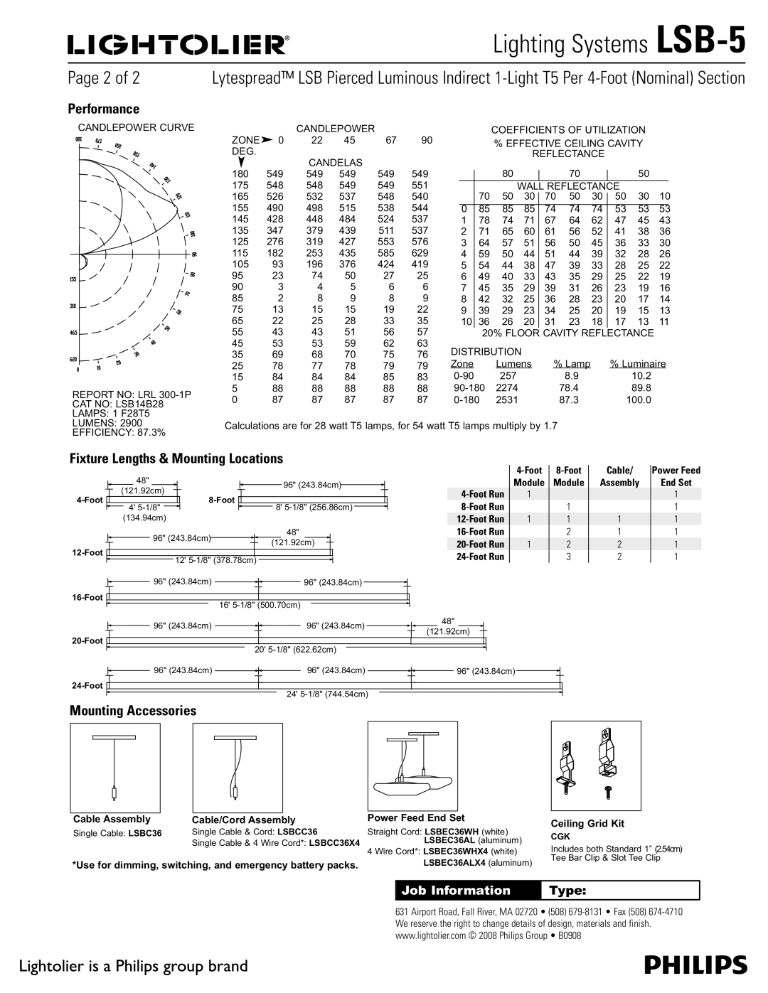 Lightolier LSB-5 manual Performance, Fixture Lengths & Mounting Locations, Mounting Accessories 