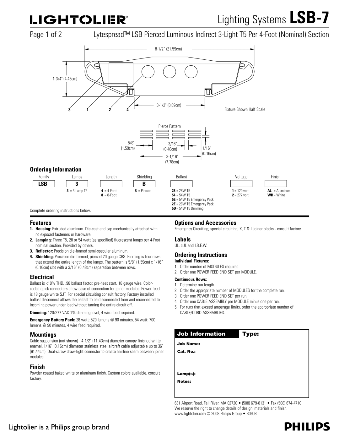 Lightolier LSB-7 manual Ordering Information, Features, Electrical, Mountings, Finish, Options and Accessories, Labels 