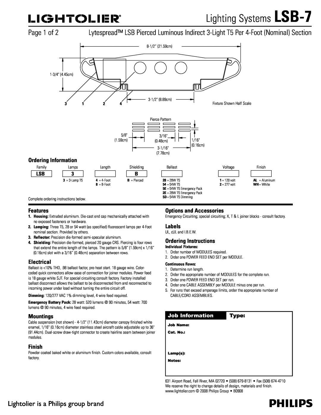 Lightolier LSB-7 manual Ordering Information, Features, Electrical, Mountings, Finish, Options and Accessories, Labels 