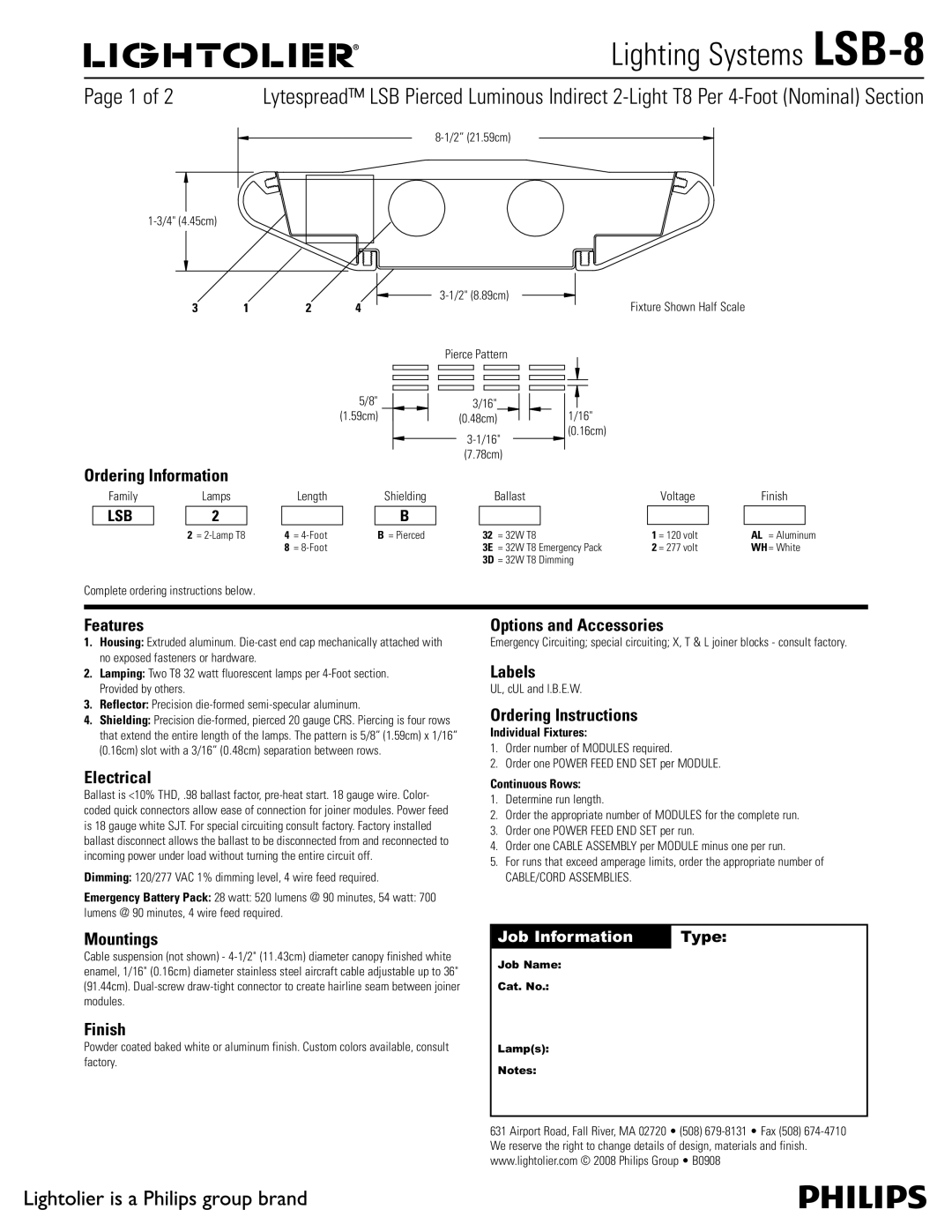 Lightolier LSB-8 manual Ordering Information, Features, Electrical, Mountings, Finish, Options and Accessories, Labels 