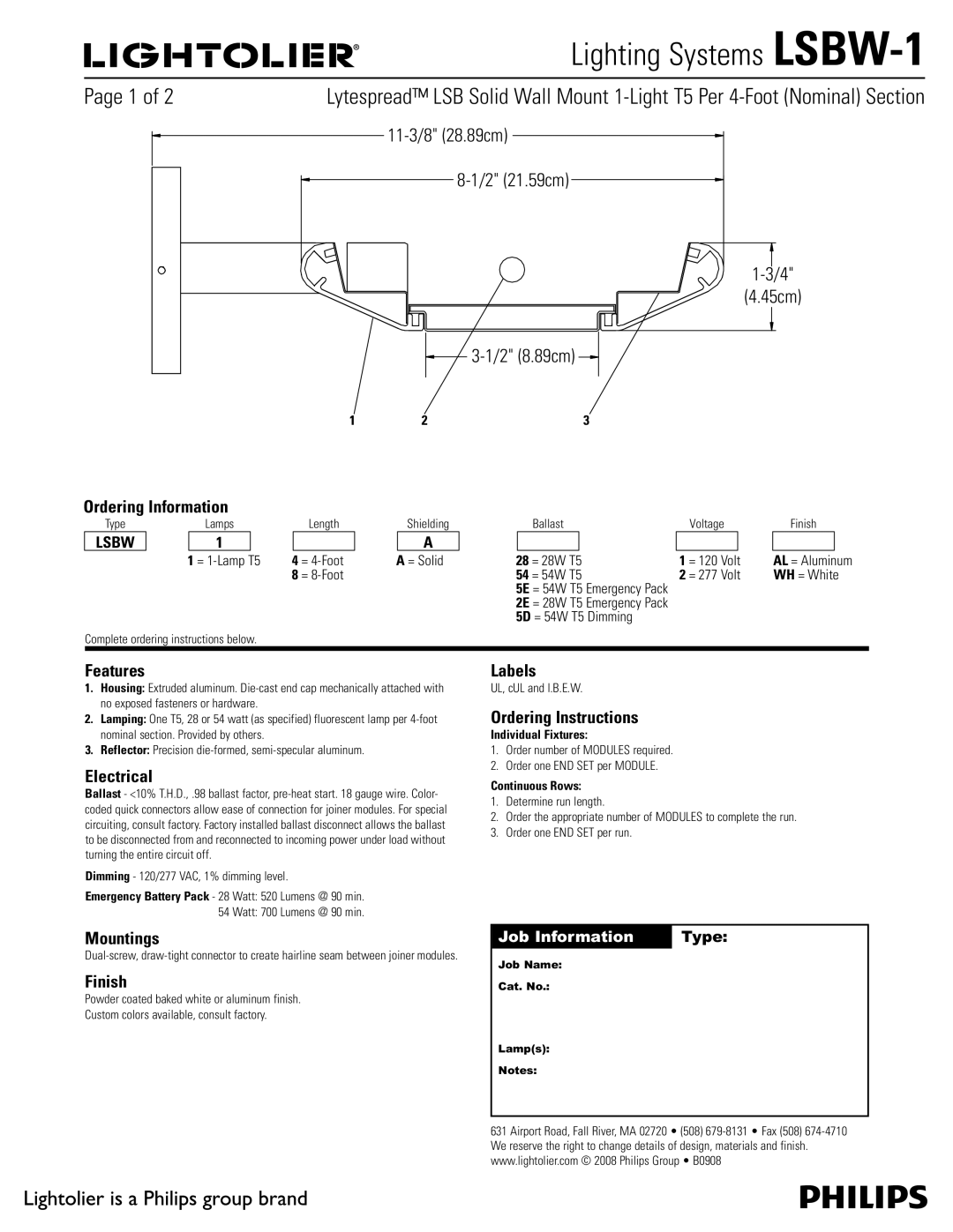 Lightolier LSBW-1 manual Ordering Information, Features, Electrical, Mountings, Finish, Labels, Ordering Instructions 