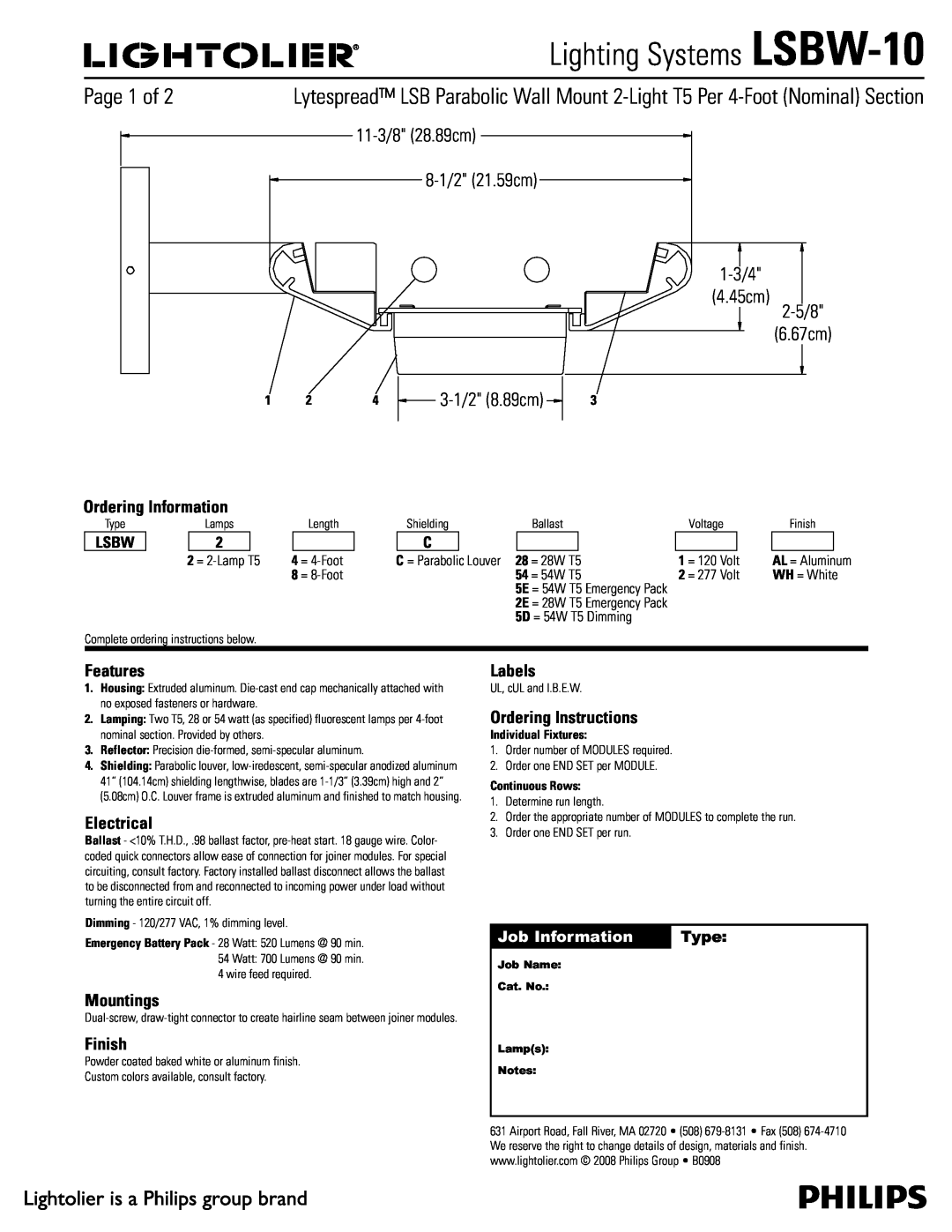 Lightolier LSBW-10 manual Ordering Information, Features, Electrical, Mountings, Finish, Labels, Ordering Instructions 