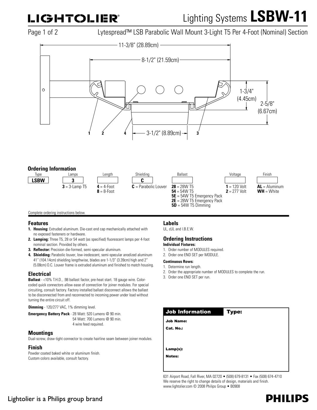 Lightolier LSBW-11 manual Ordering Information, Features, Electrical, Mountings, Finish, Labels, Ordering Instructions 